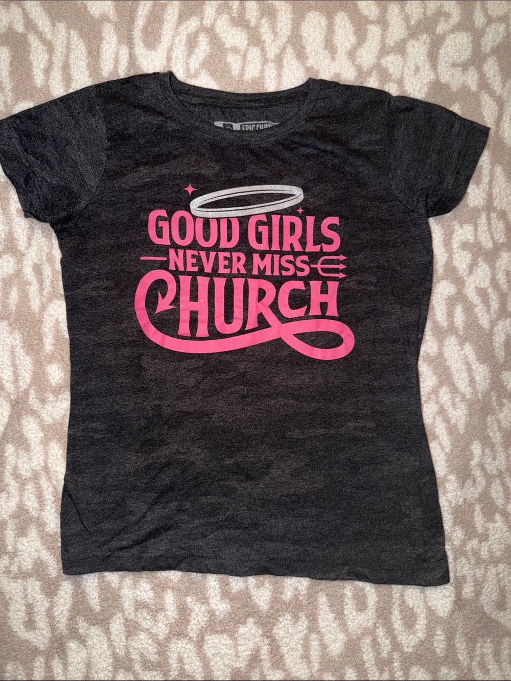 Good Girls Never Miss Church Graphic Tee - Charcoal with Pink Print